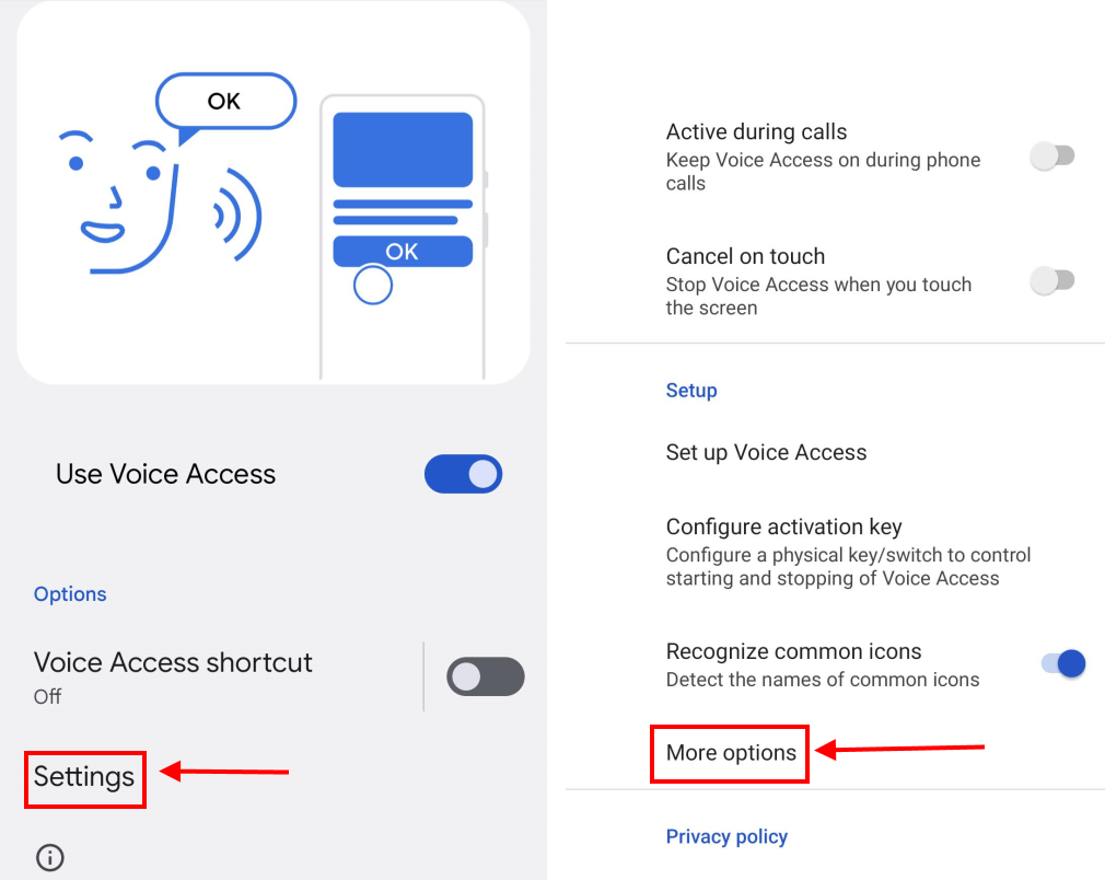 Tap Settings then More options